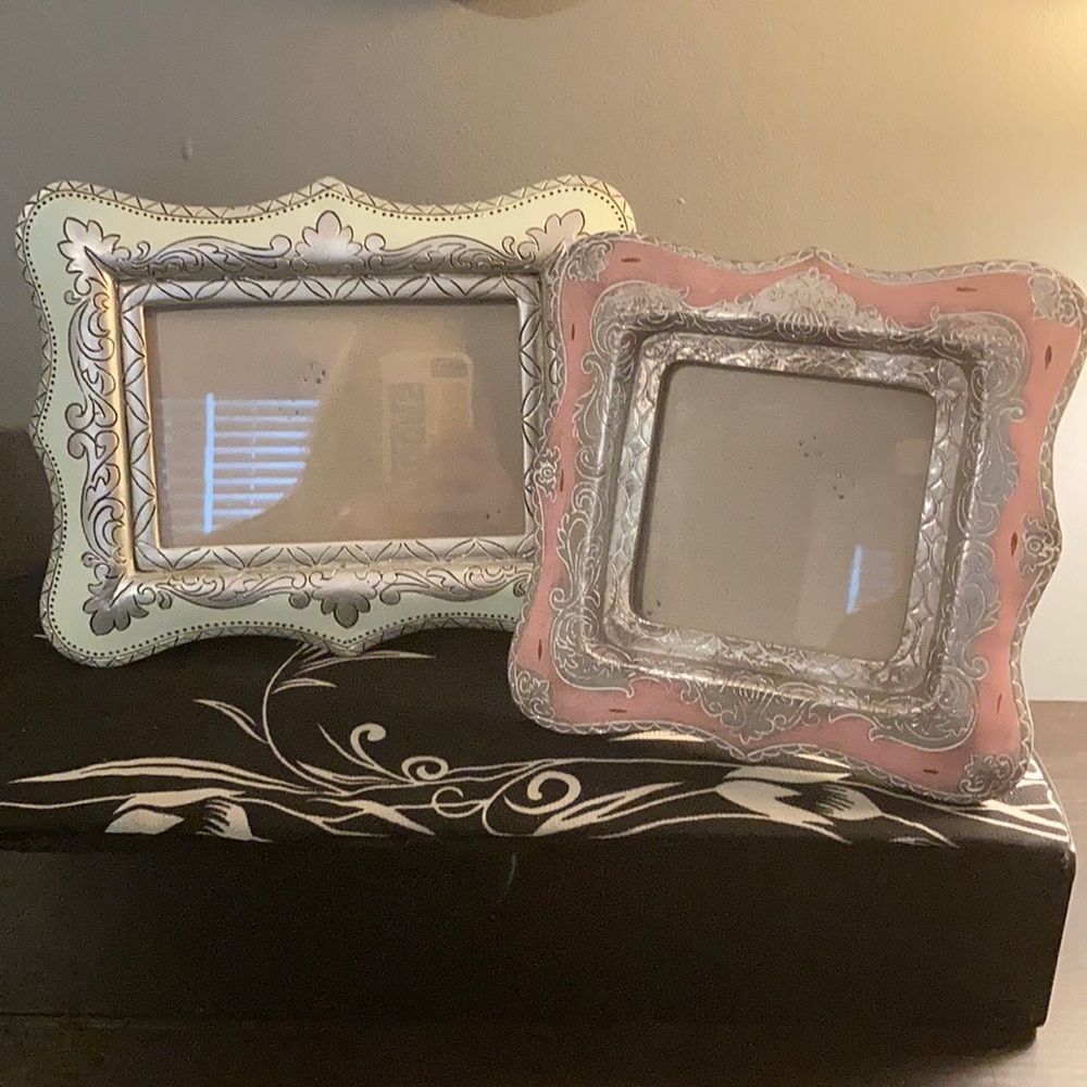 2 decorative picture frames EUC pink & silver square, mint green & silver